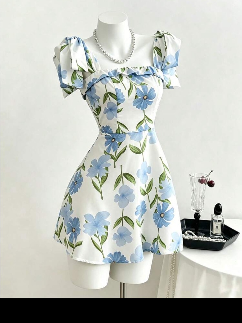 SHEIN White Mini Dress with Sky Blue Floral Print